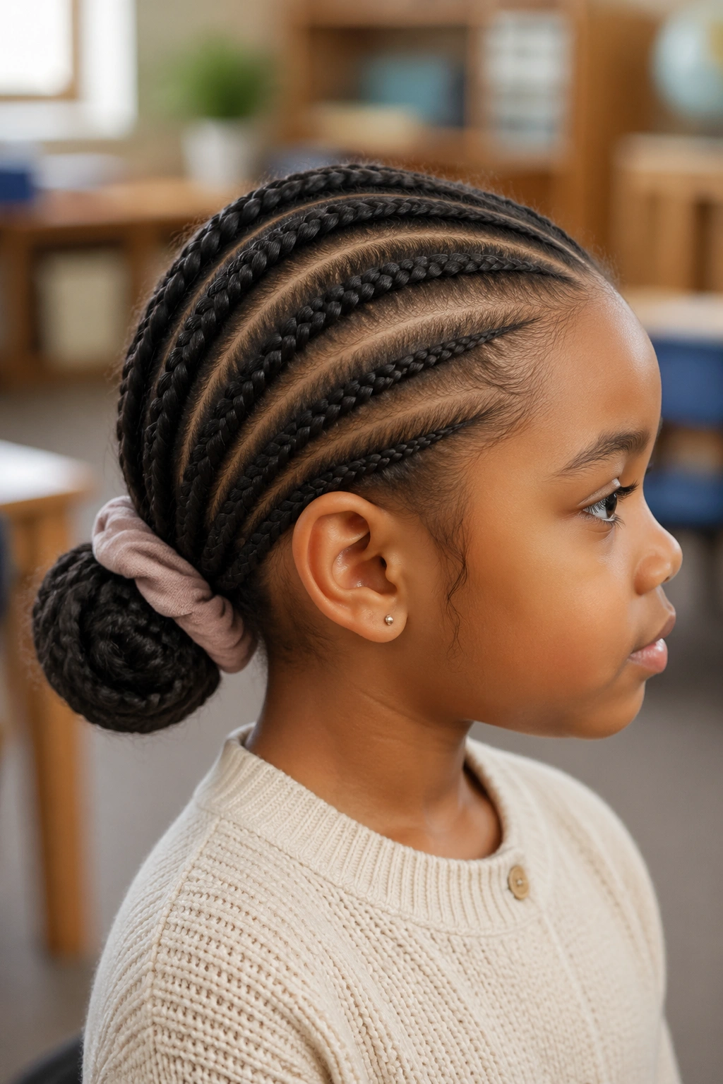 Close-up of a real child with cornrows forming a low bun at the nape