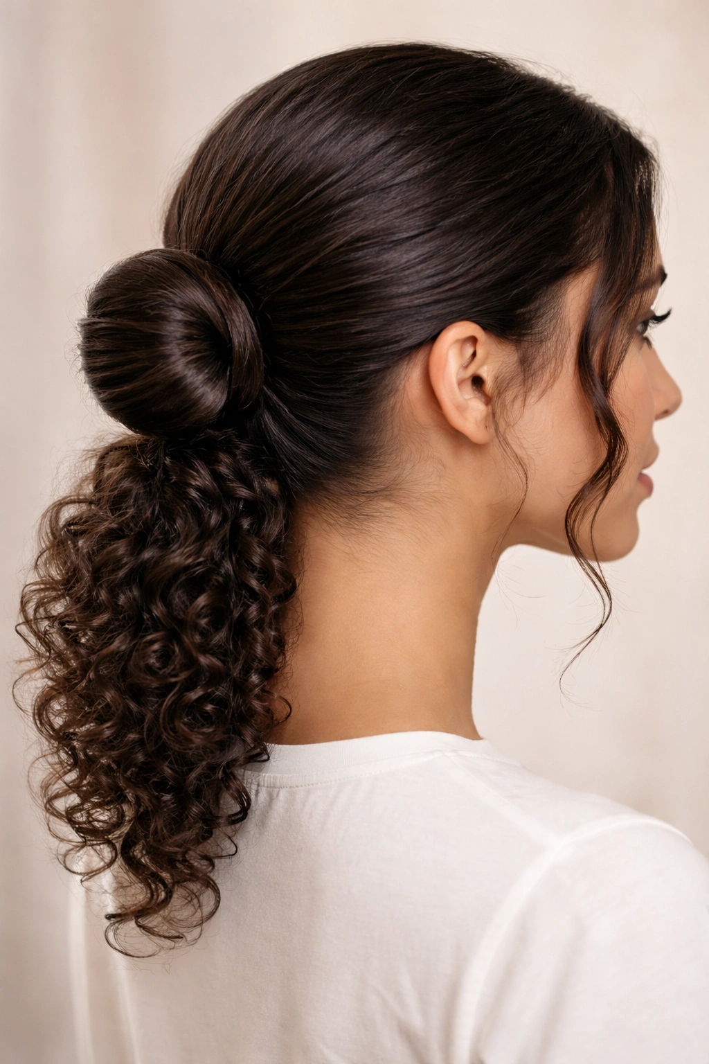 Sleek low bun at the nape with a curly tail visible