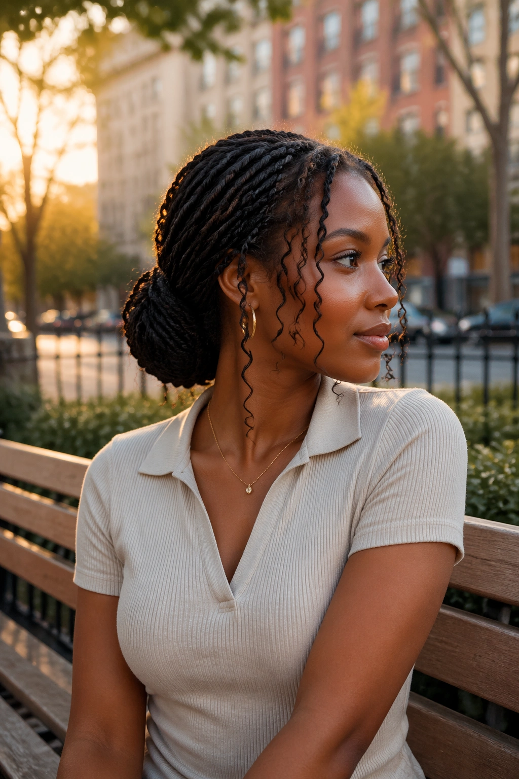 Low bun with loose curls at temple and nape