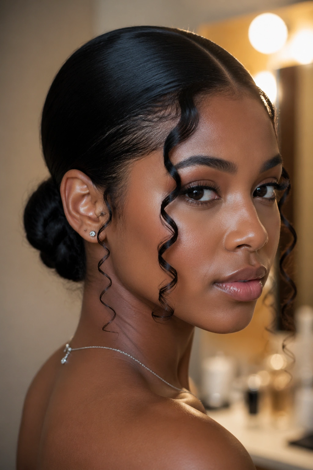Close-up of a woman with a sleek low bun and curling tendrils around the face.