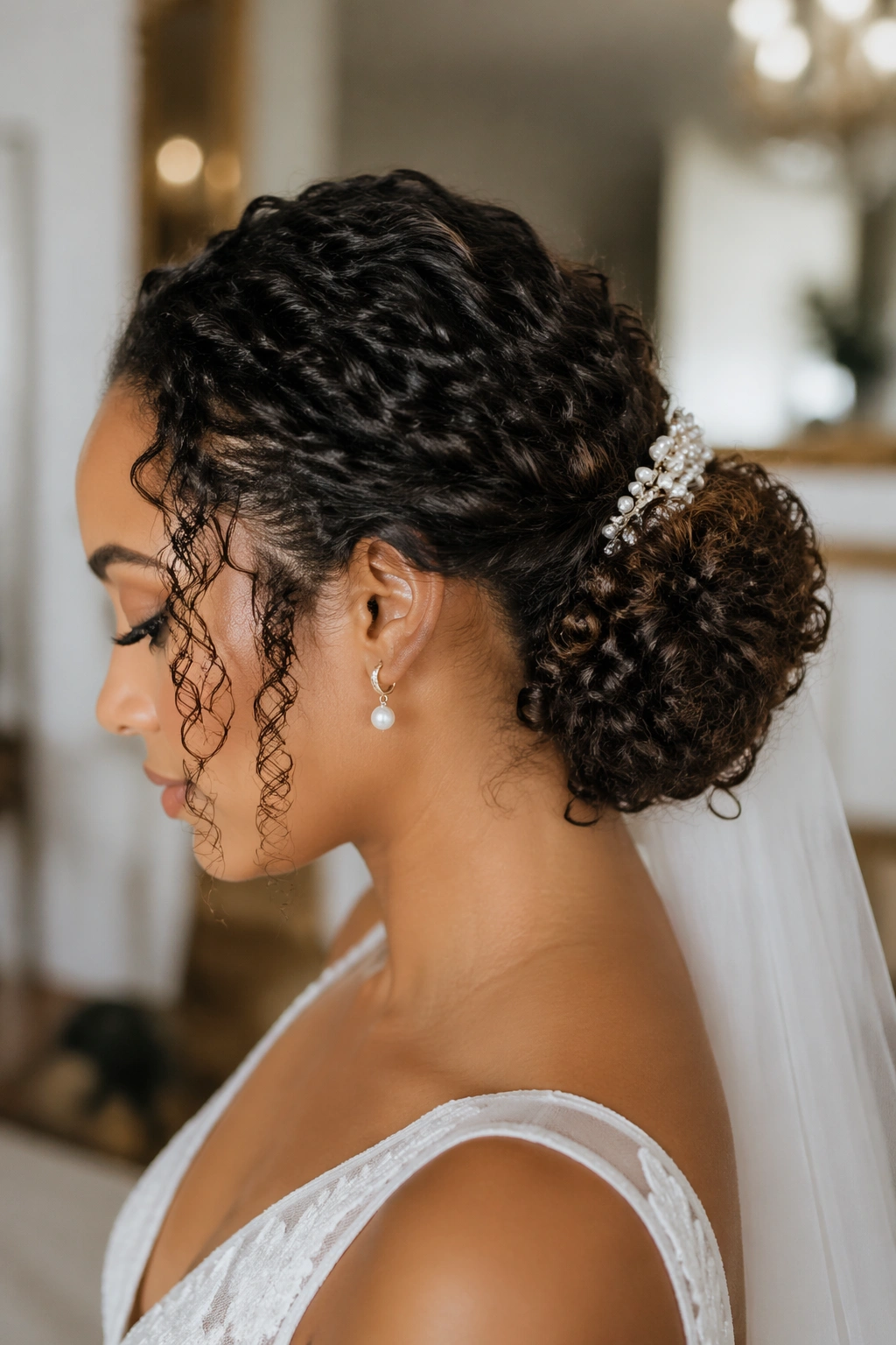 Close-up of a real bride wearing a Sculpted Low Bun with rounded curls at the nape