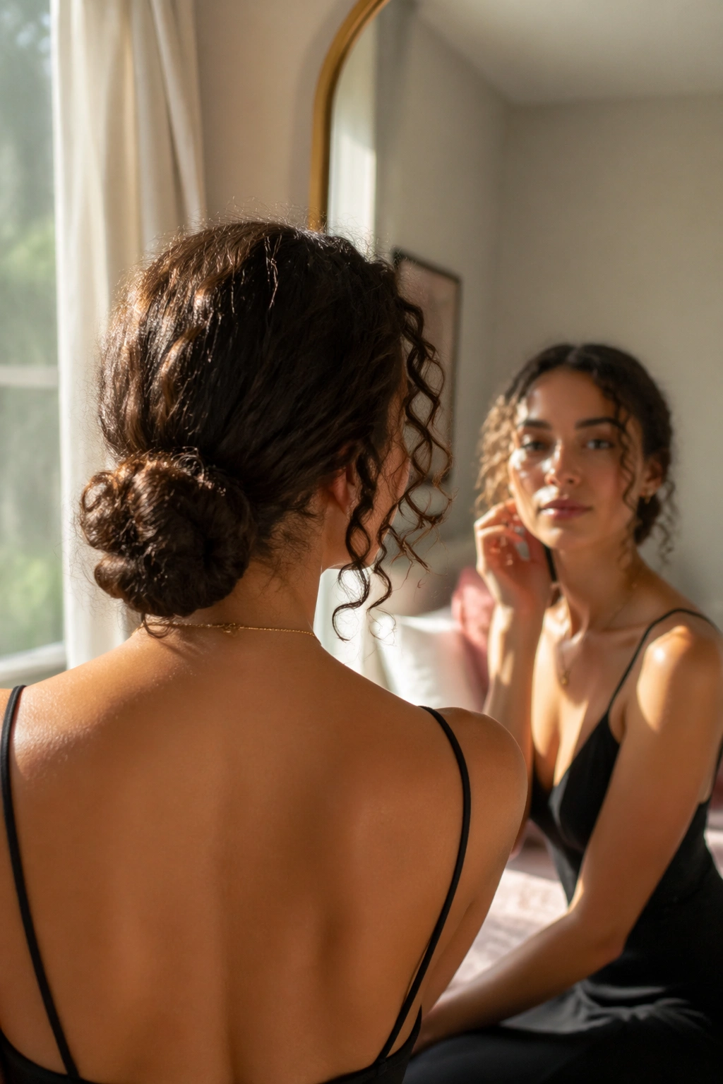 Low bun with curls left out in mirror