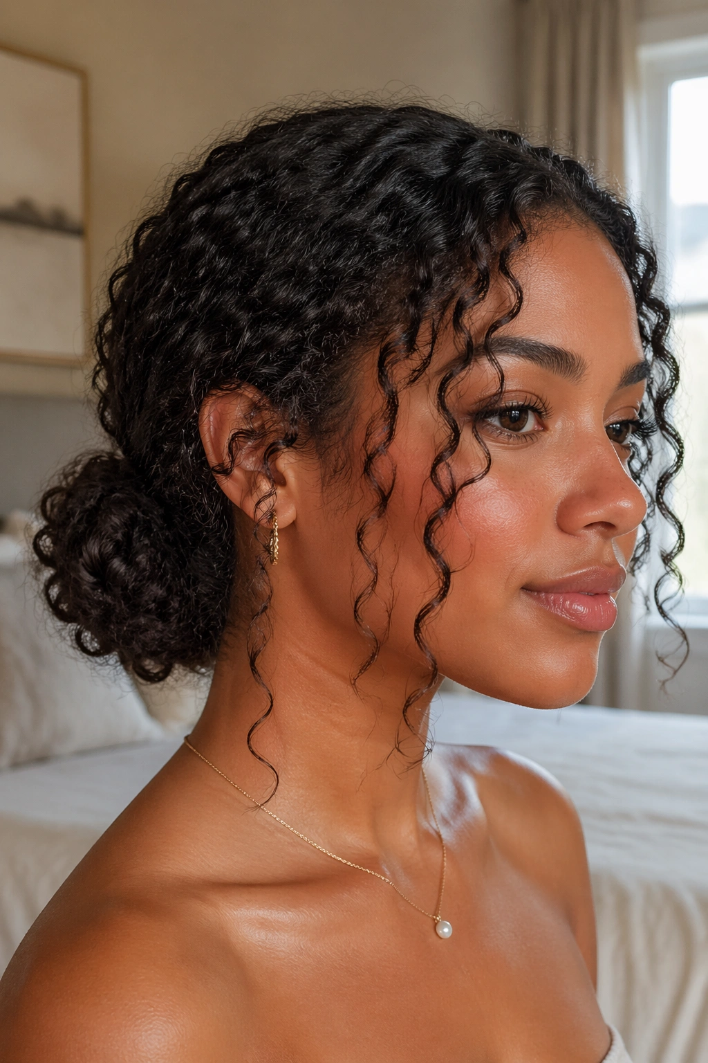 Close-up of a real woman with a low curly bun and face-framing tendrils in soft light