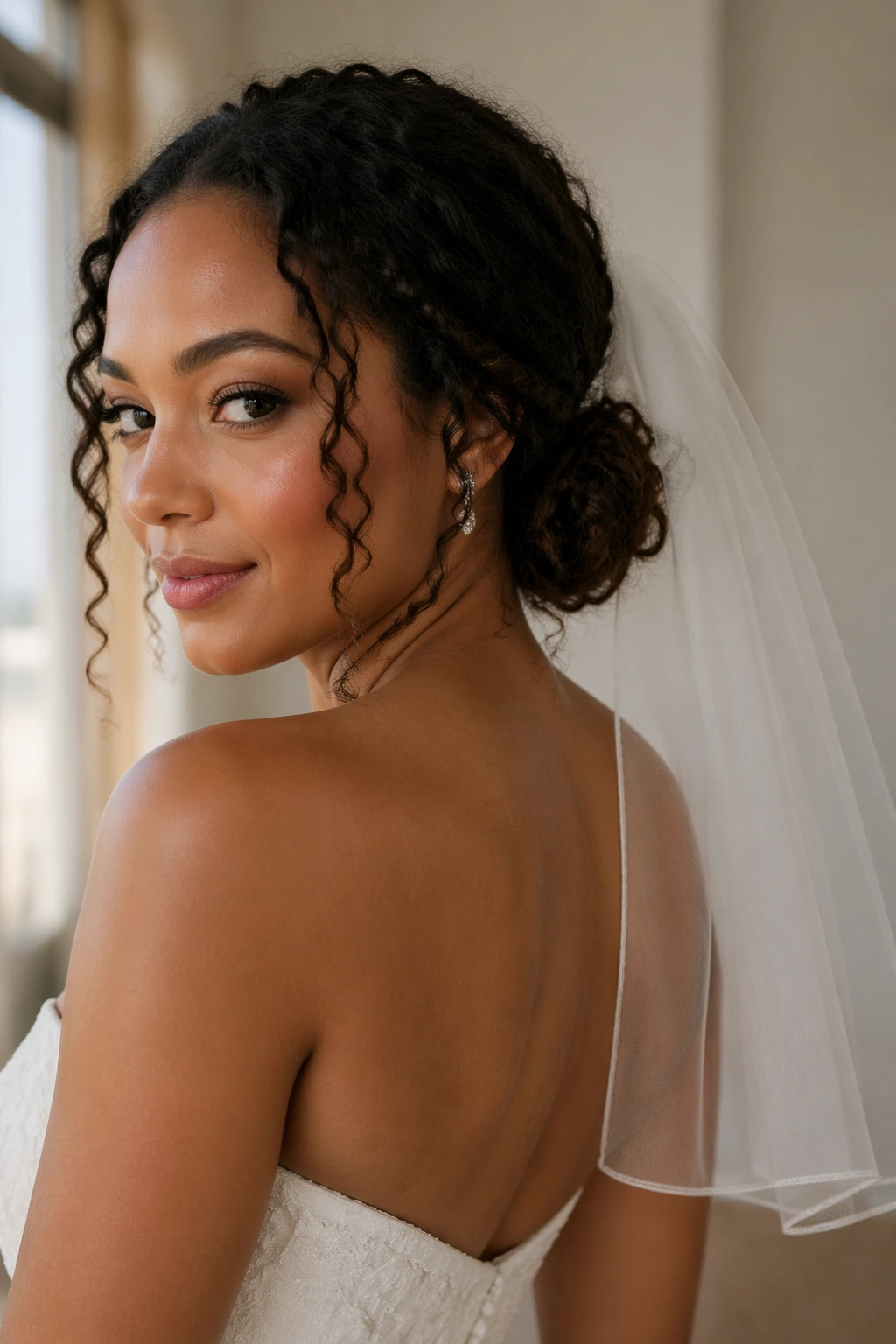 Bride with textured low bun and elbow-length veil with tendrils