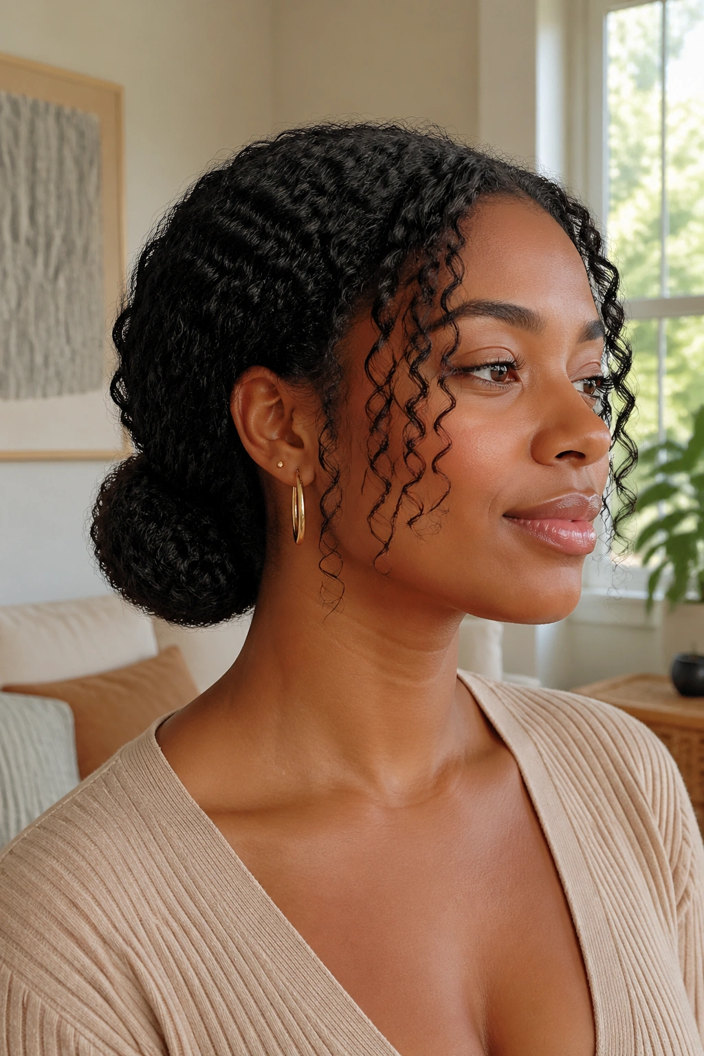 Close-up portrait of a real woman with a low bun and front curly pieces