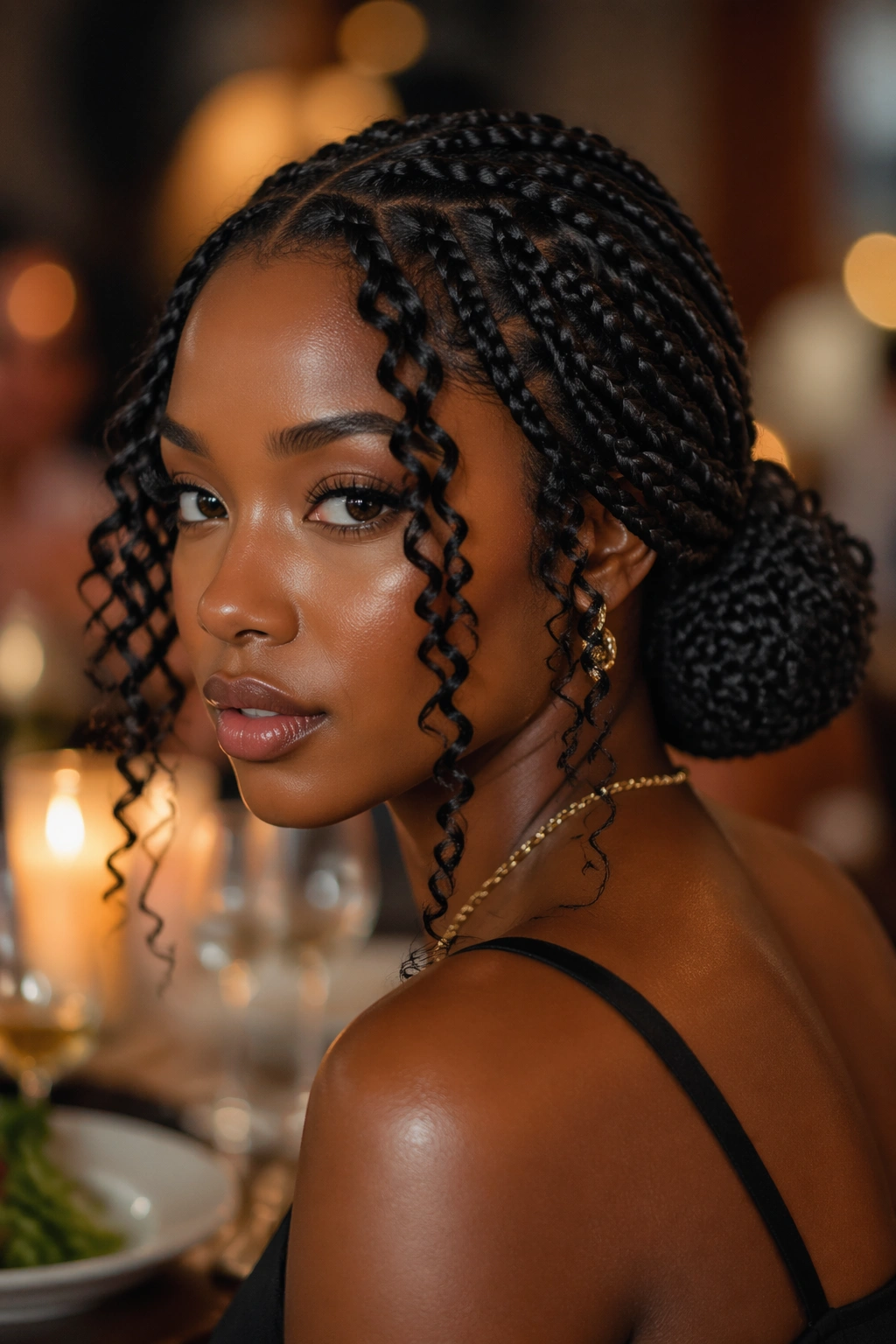 Close-up of real person with low bun and curly tendrils in a dining setting