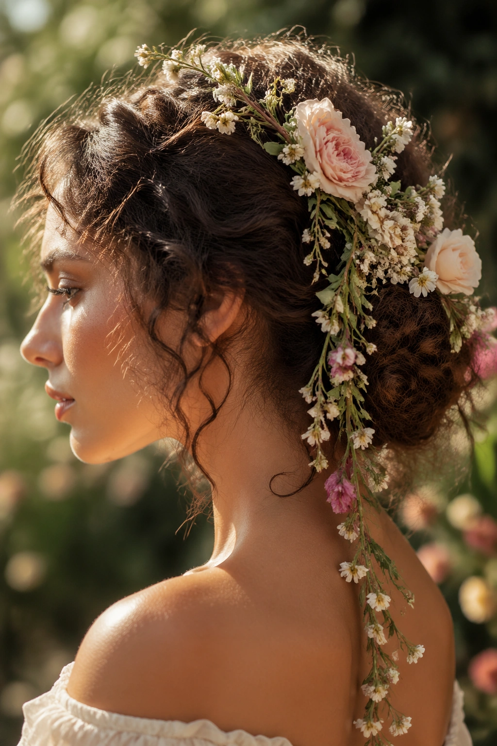 Profile of a real woman with a low bun and cascading florals