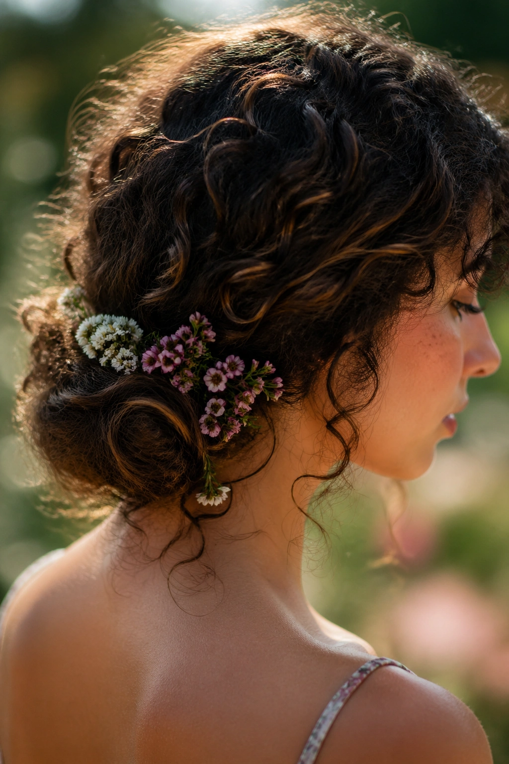 Close-up of a woman with a low curly bun adorned with small flowers.