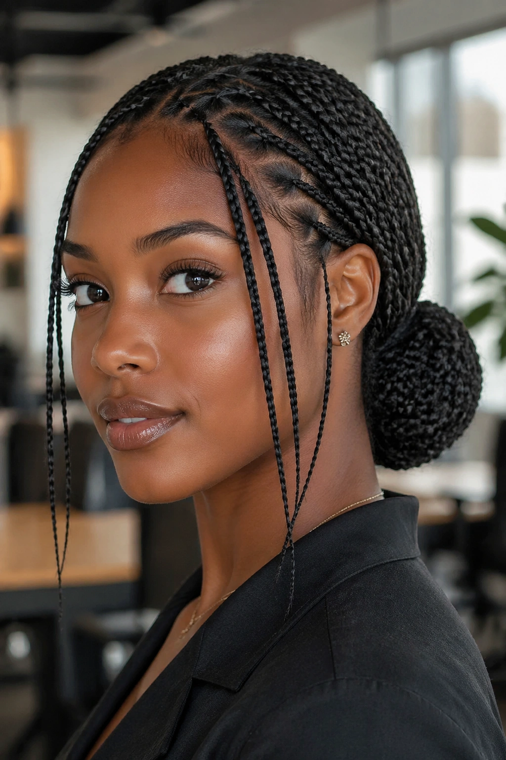 Close-up of a real woman with a low braided bun Fulani box braids