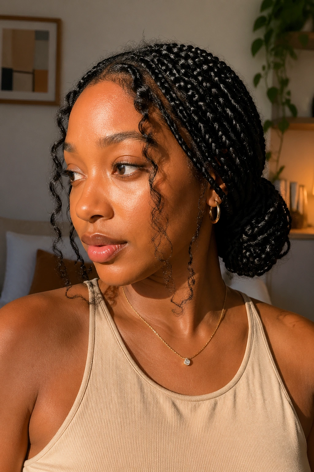 Low bun goddess box braids on a real woman with bun at nape