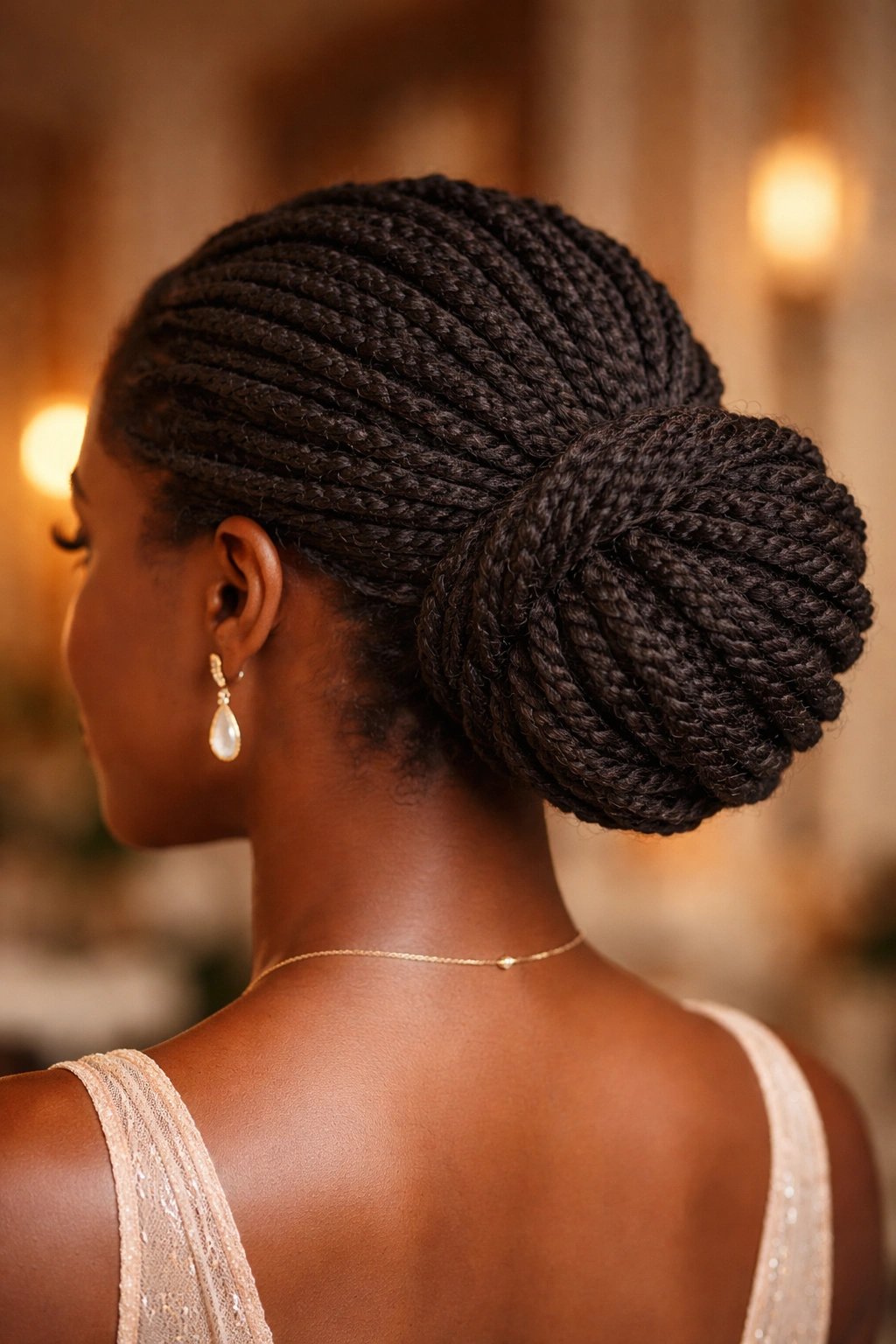 Close-up portrait of a real person with a low bun of kinky twists at the nape
