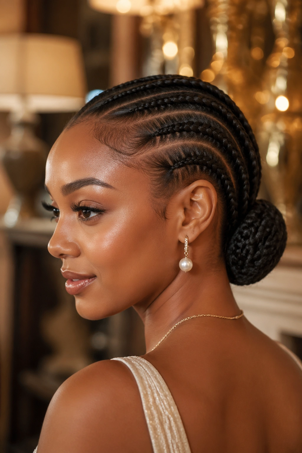 Close-up of a real person with knotless cornrows formed into a low bun at the nape.