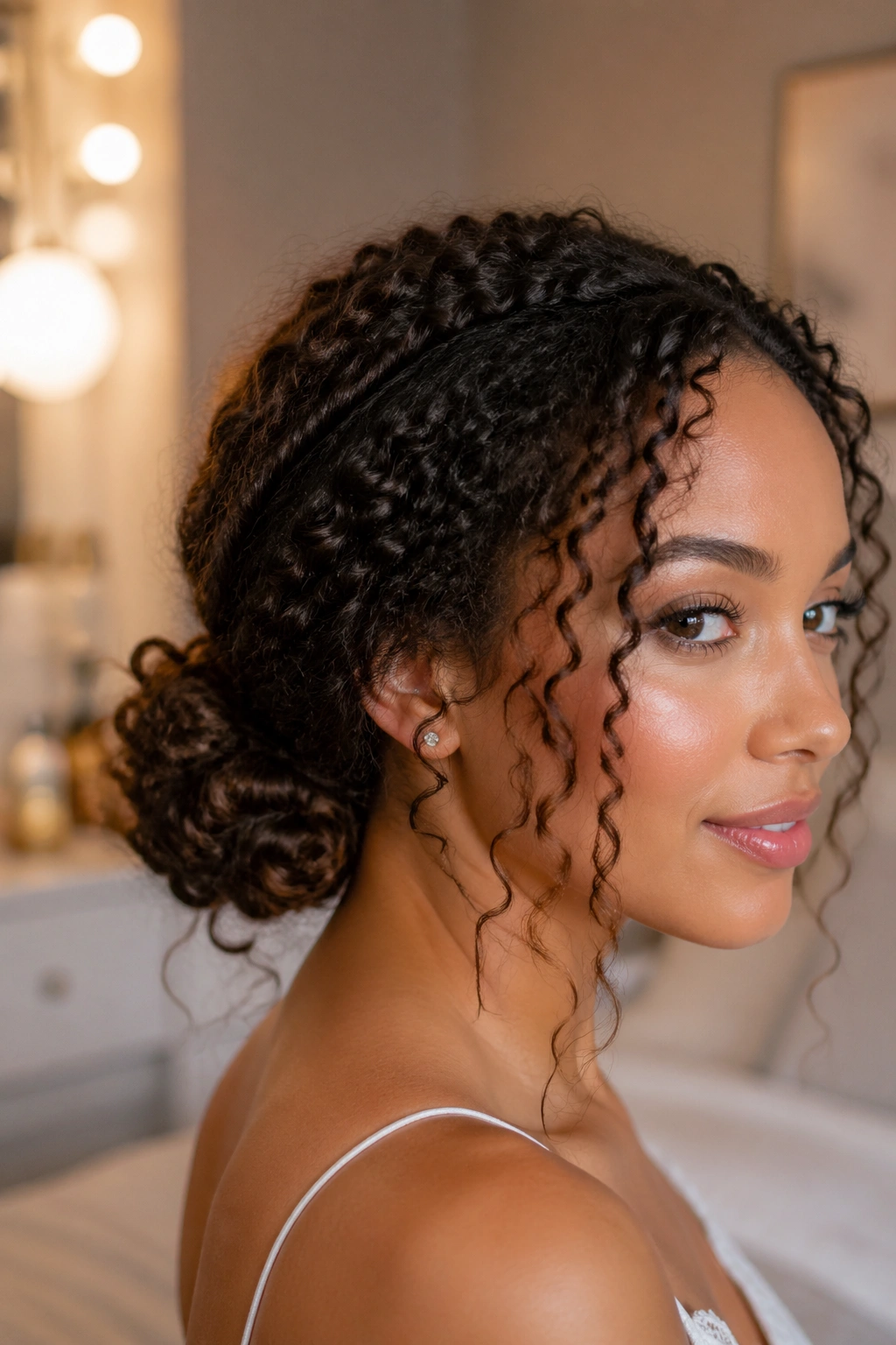 Close-up of real woman with low twisted bun and loose facial pieces in warm bedroom light