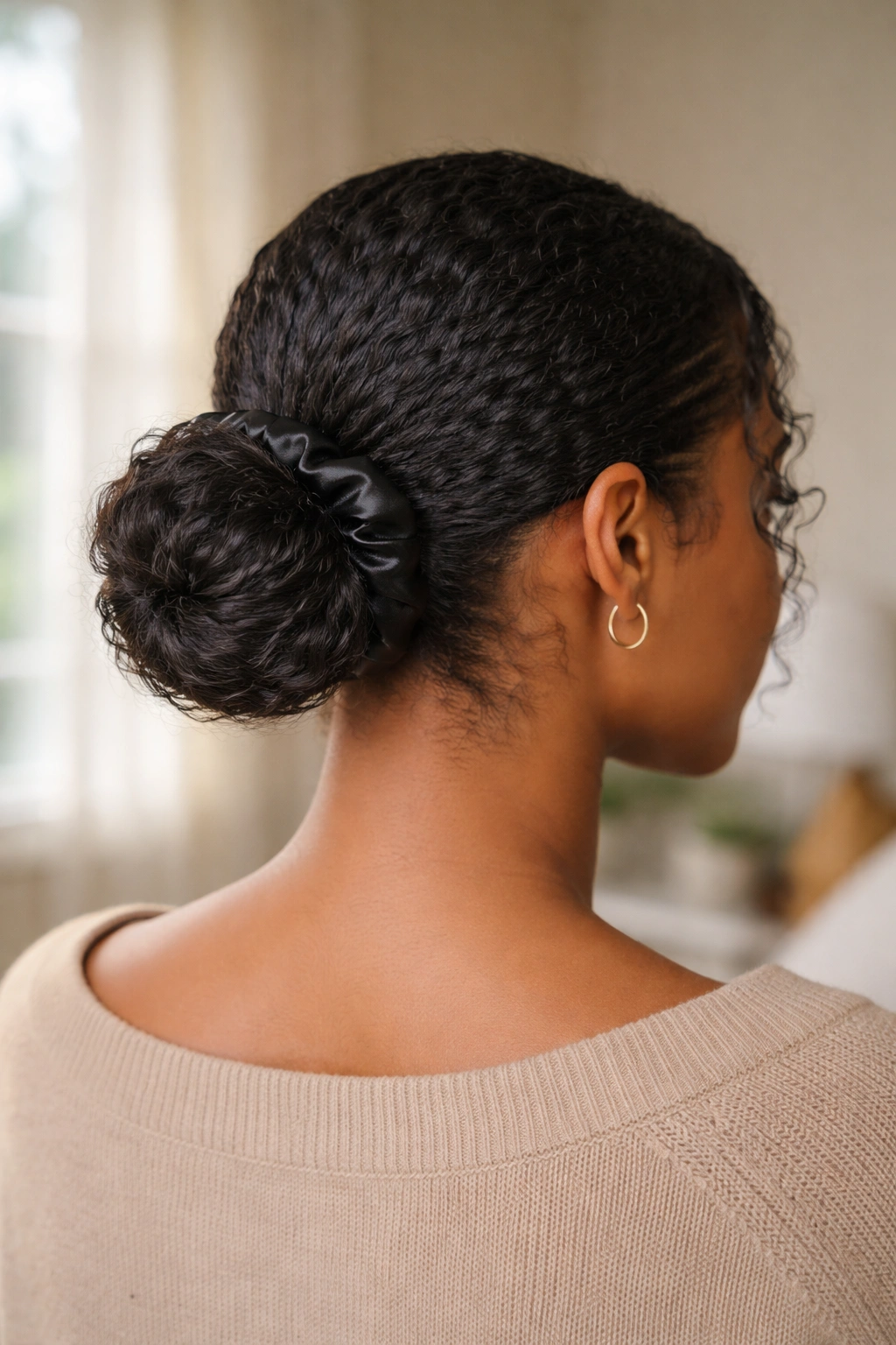 Back view of a woman with a neat low bun at the nape in a soft-lit room.