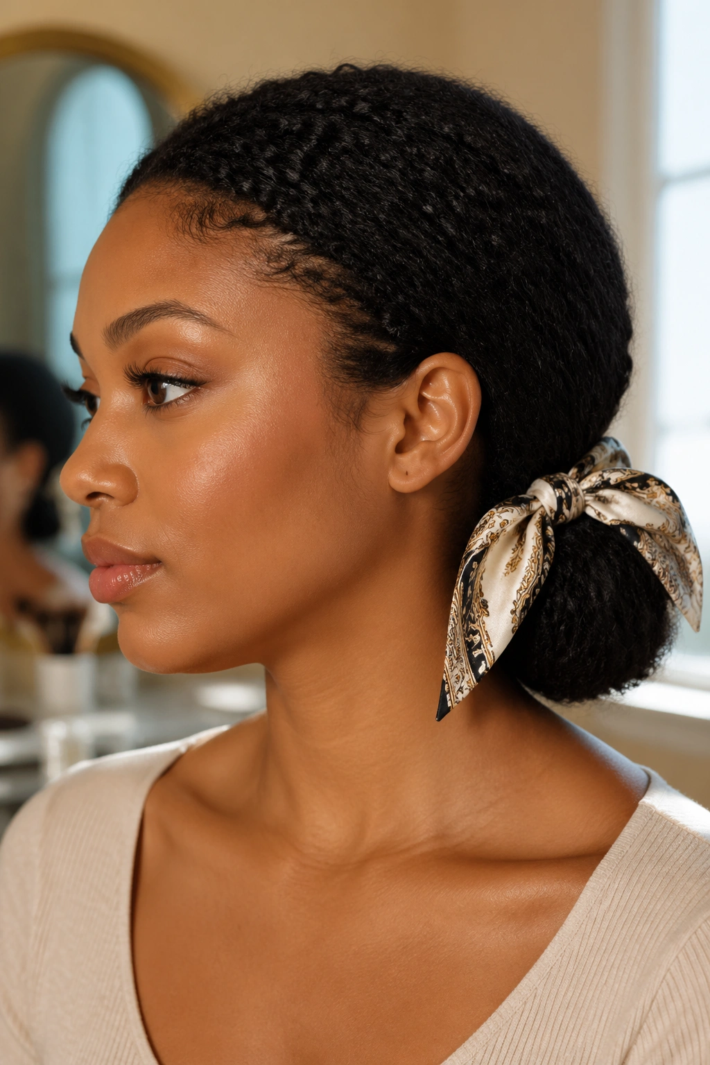 Close-up of a real woman with a low bun and front scarf accent