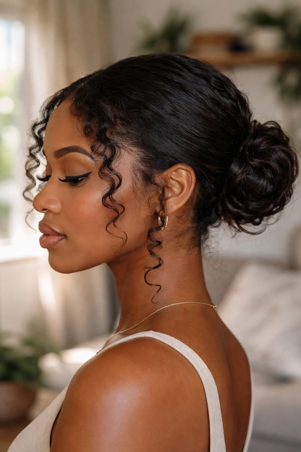 Close-up of a real woman with a low bun at the nape and side curls framing her face, in natural window light.