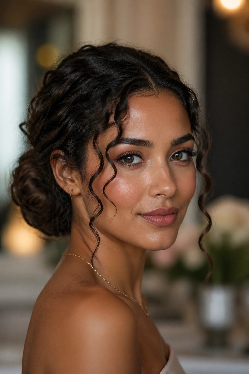 Close-up of a real woman with an elegant low bun and tendrils framing the face.