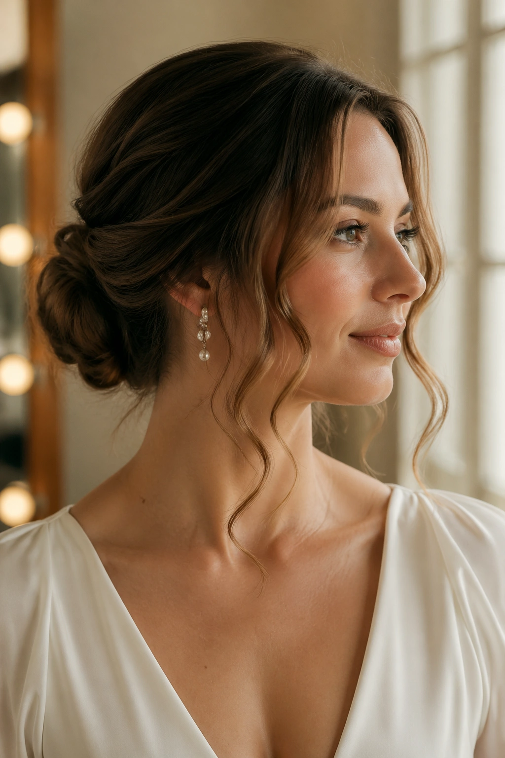 Close-up of a woman with a low bun and wavy tendrils framing the jaw