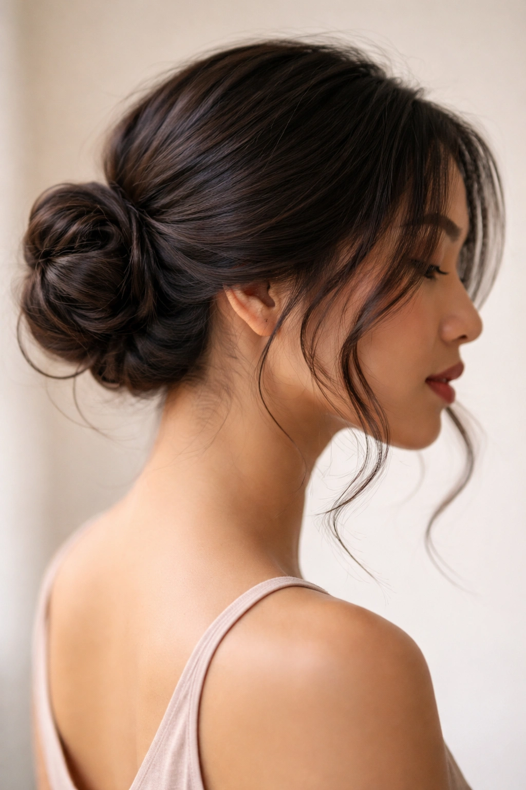 Close-up of a low textured bun with face-framing curls at the jawline