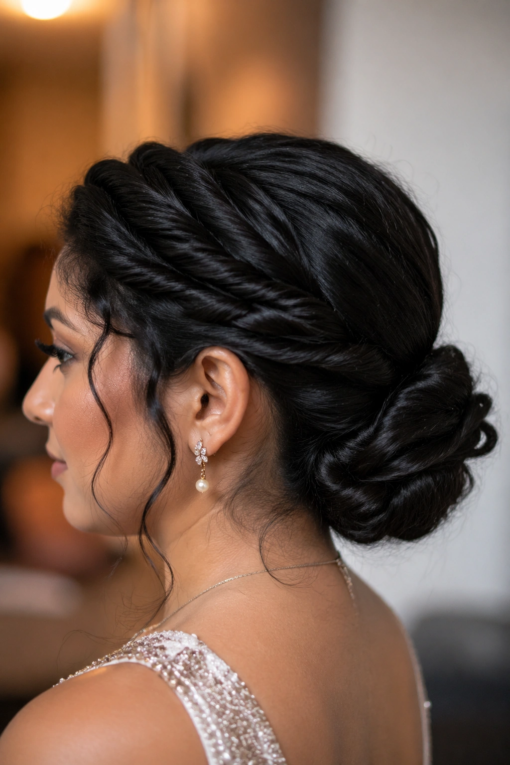 Close-up of a structured low bun with twisted detail on a real person