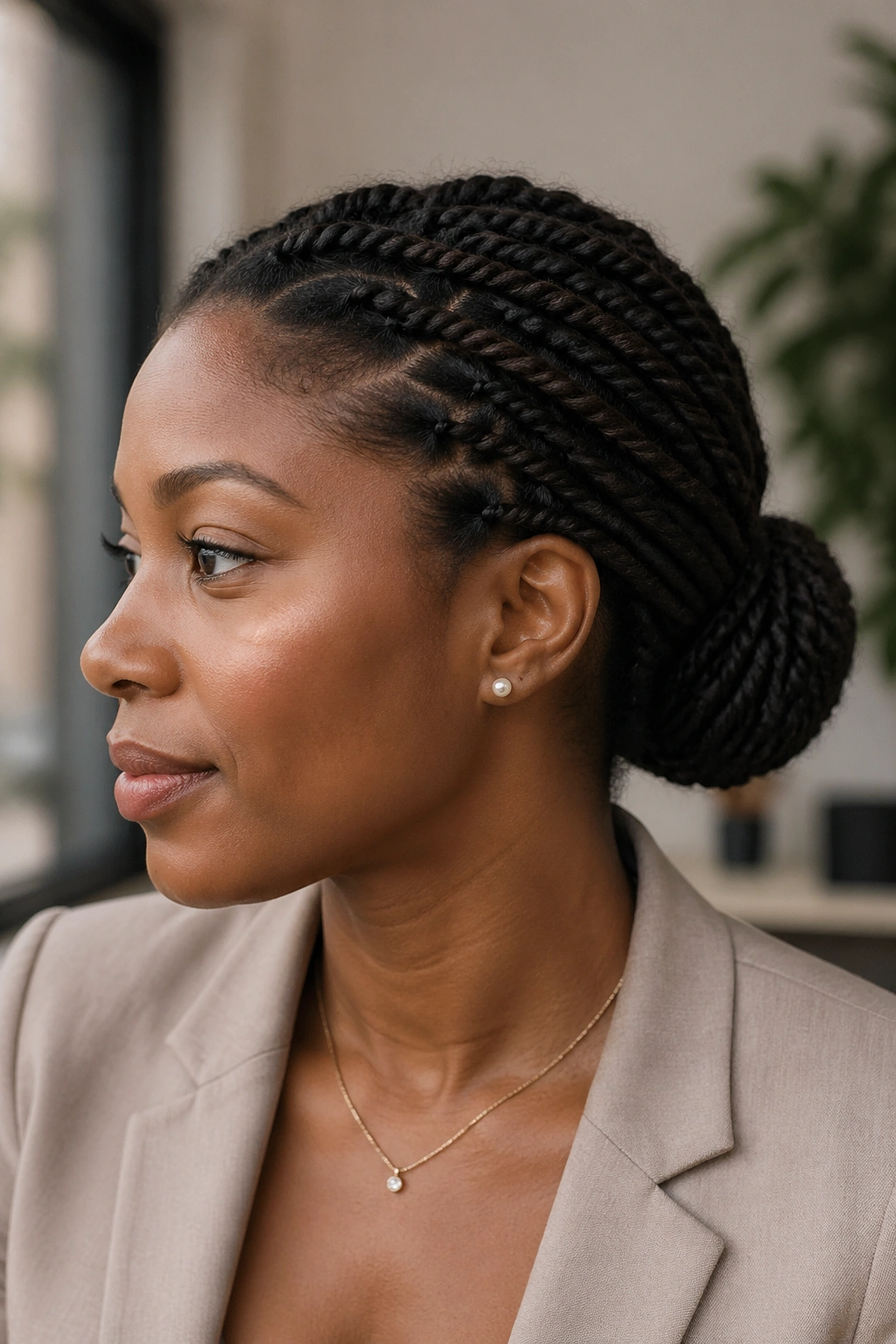Real woman with twists in a low bun close-up portrait