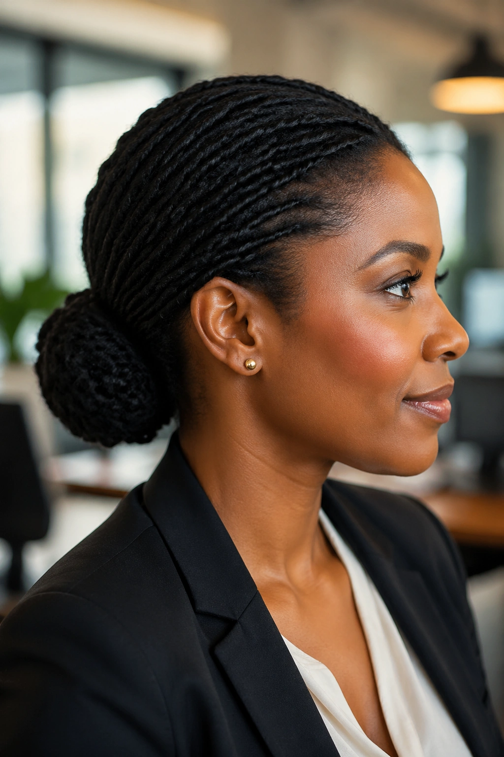 Real woman with a low twisted bun at the nape in an office