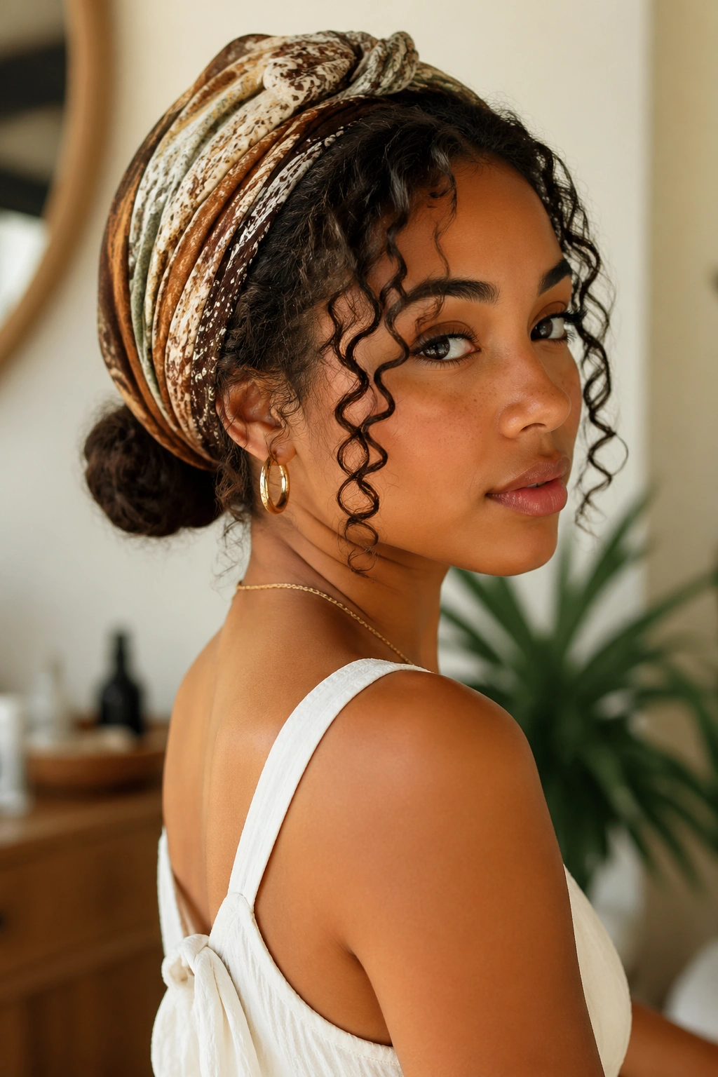 Medium close-up of a real woman with a low bun wrap and face-framing curls
