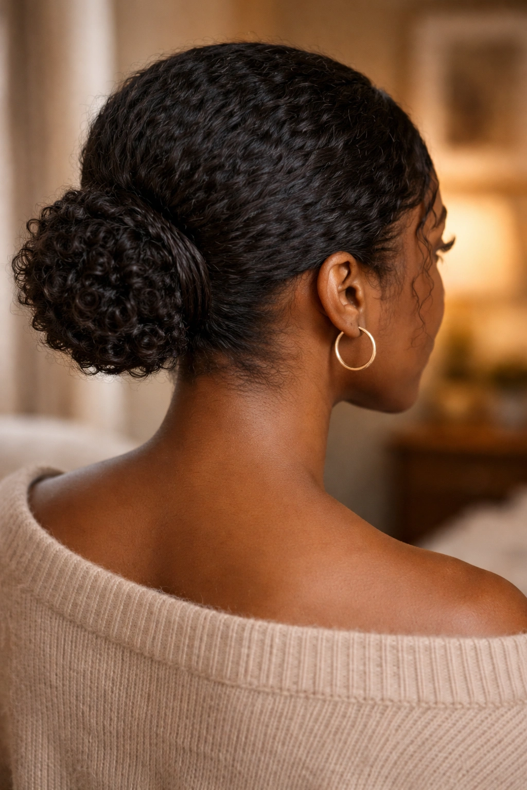 Close-up of a real woman with a low bun and wrapped base detail