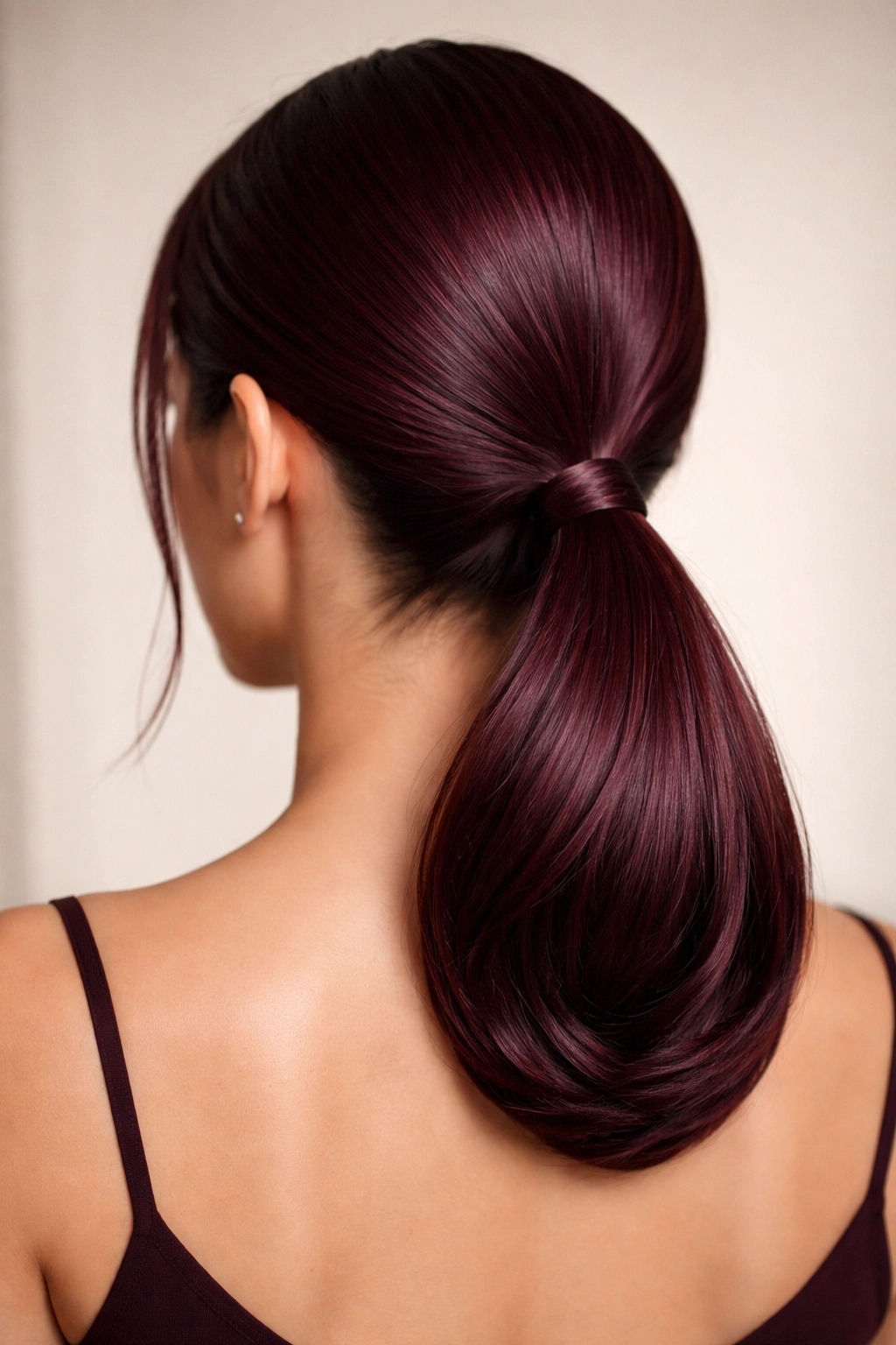 Low burgundy ponytail tucked end hidden elastic silhouette at nape