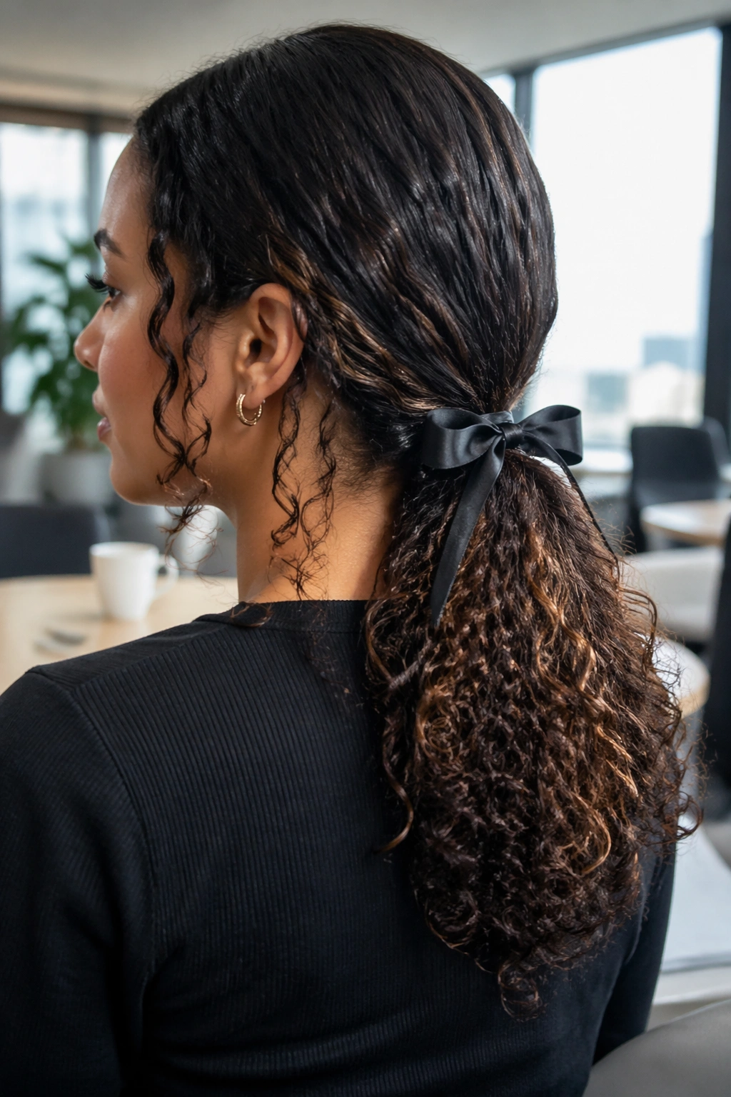 Close-up of real woman with a low center-part bow ponytail and slim satin bow