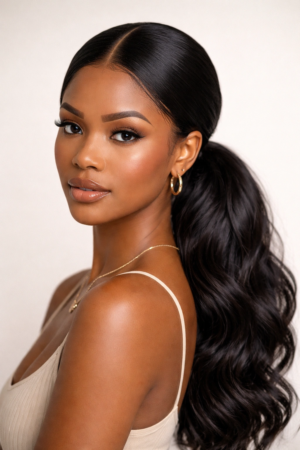 Close-up of a low center-part ponytail at the nape with straight part