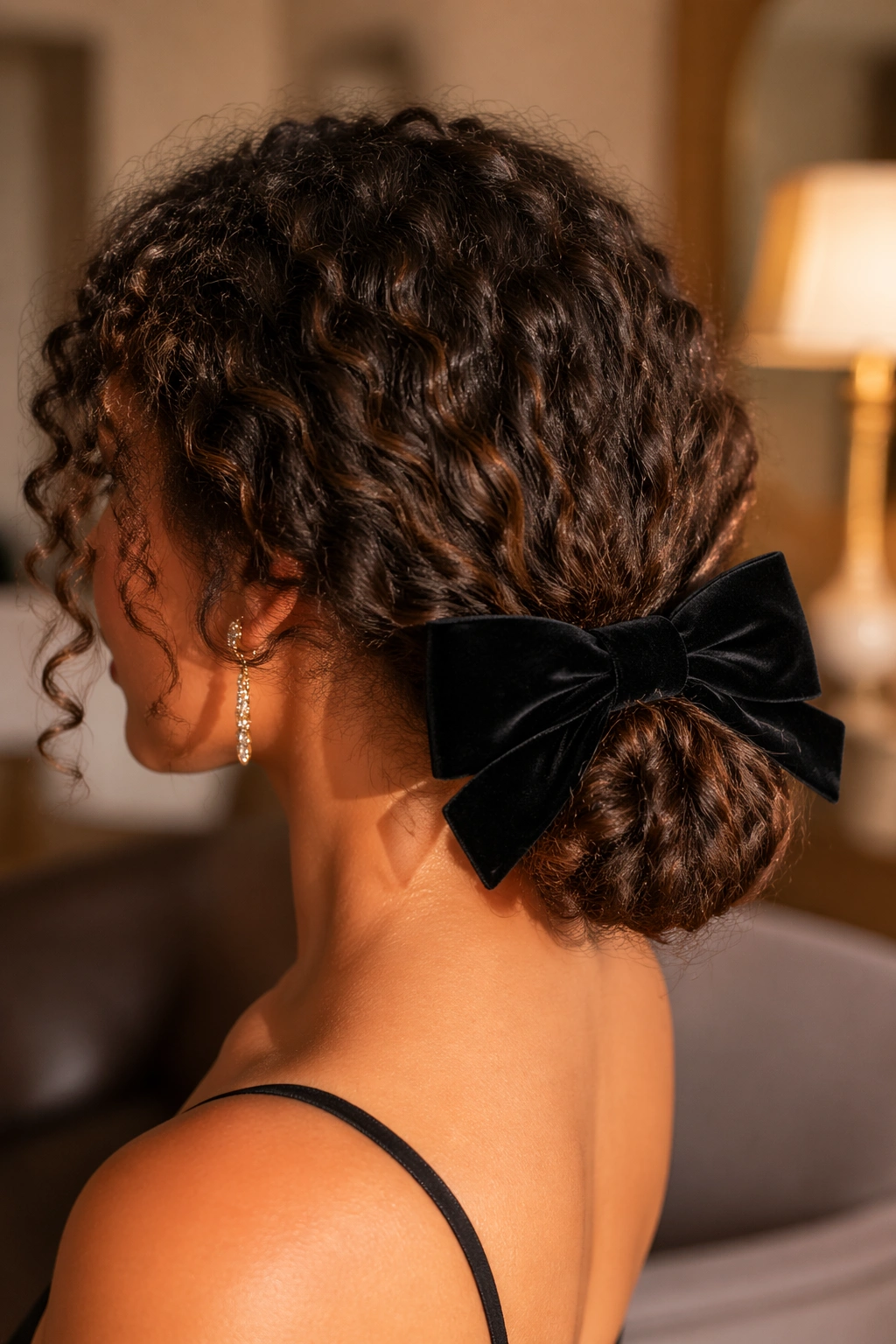 Close-up of a real woman in a low chignon with a structured bow at the base