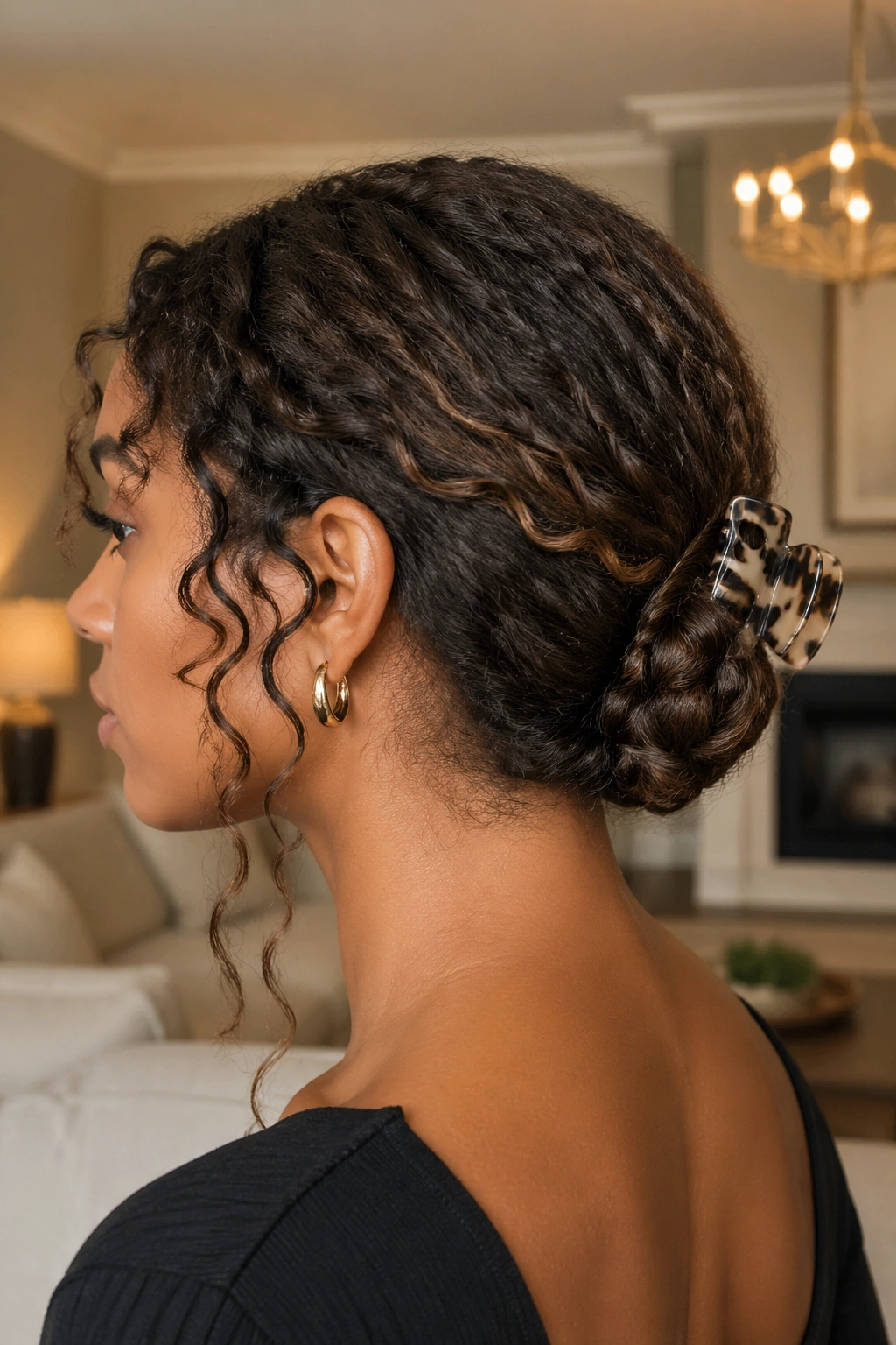 Close-up of a real woman showing a low clip chignon at the nape