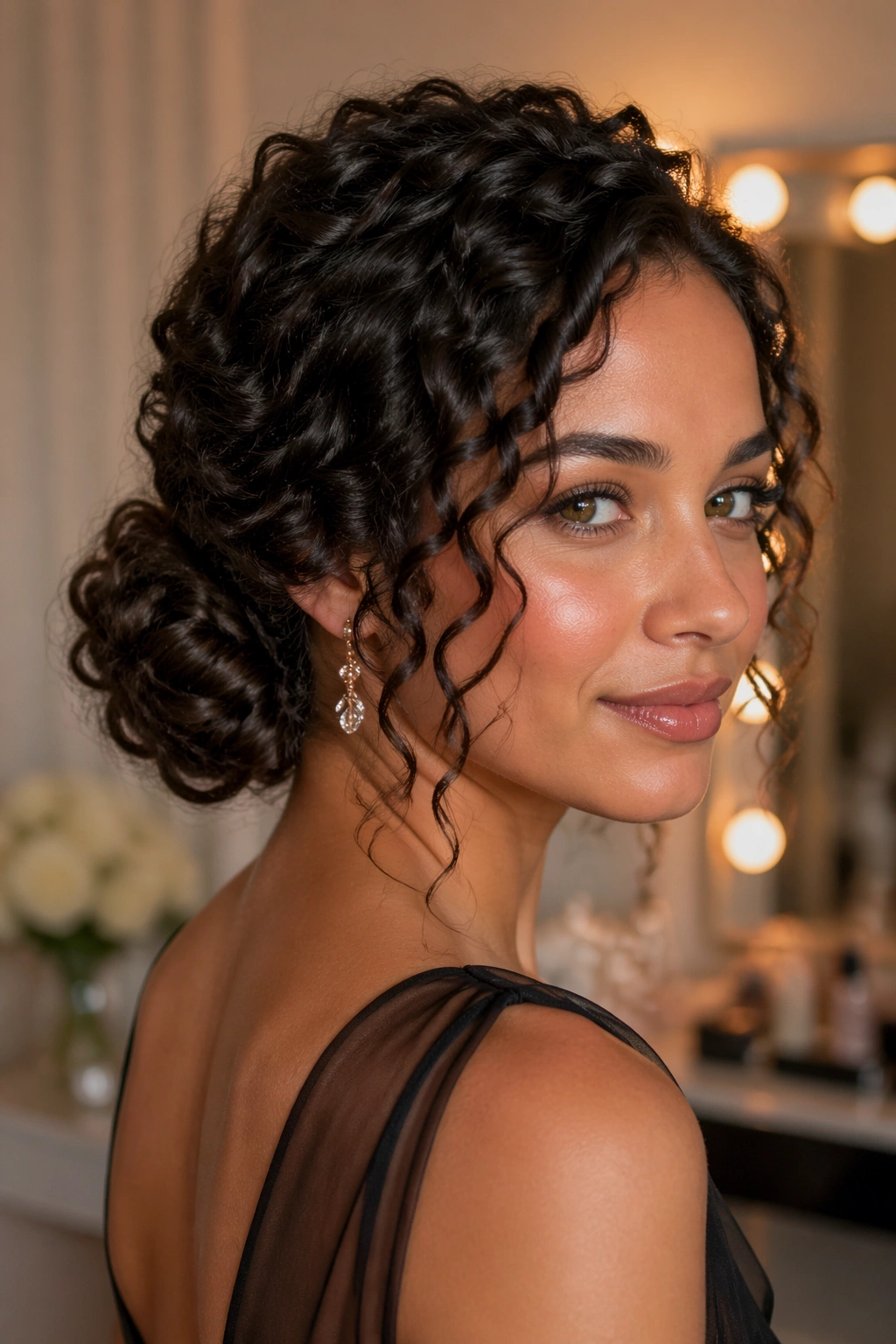 Close-up of a woman with a classic low curly chignon at the nape, curls peeking from the bun