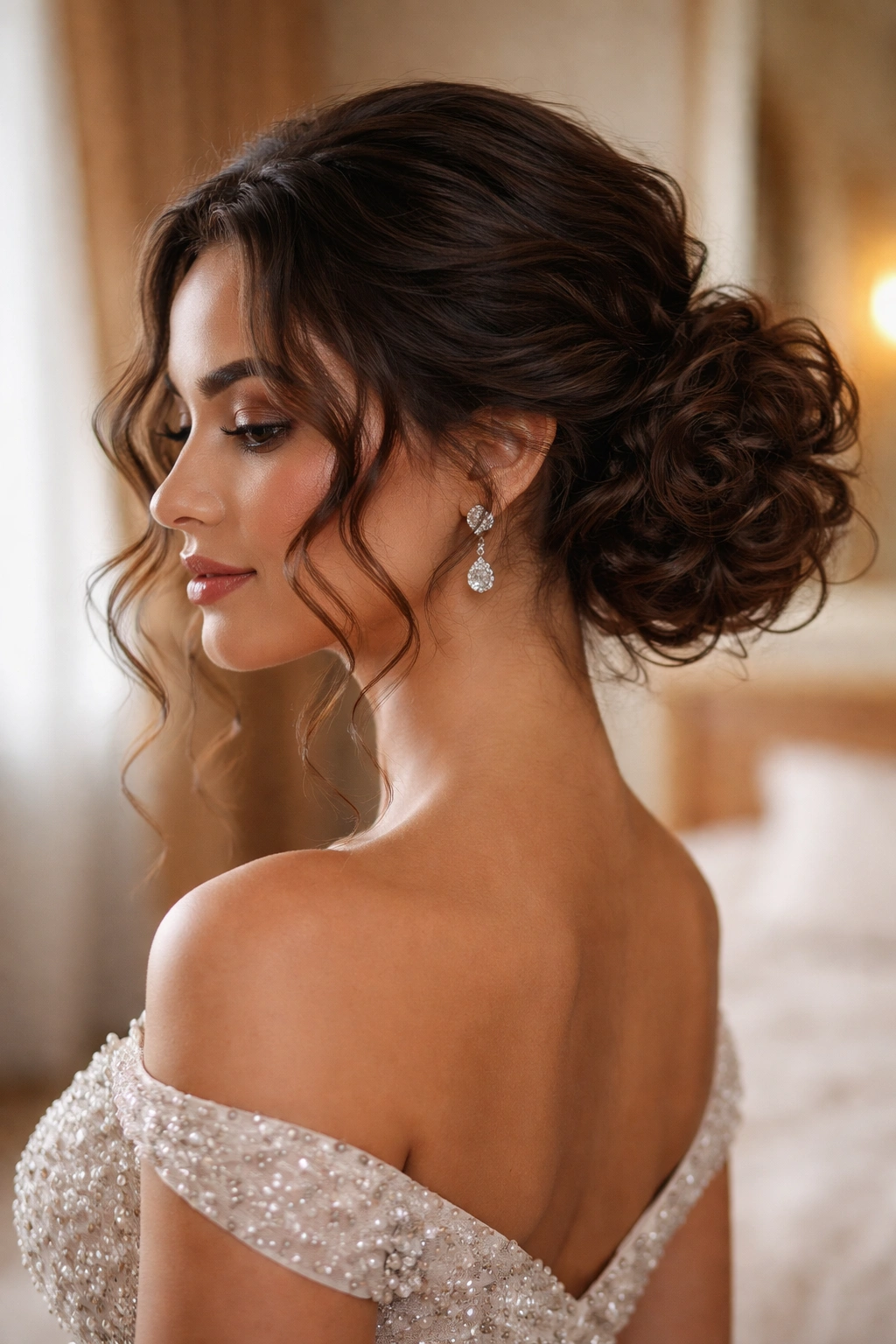 Close-up of a real woman wearing a low curly chignon with face-framing pieces.