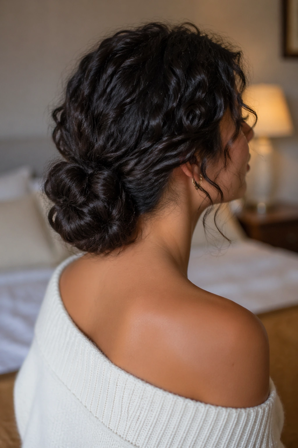 Woman with a low curly chignon at the nape in a soft-lit room