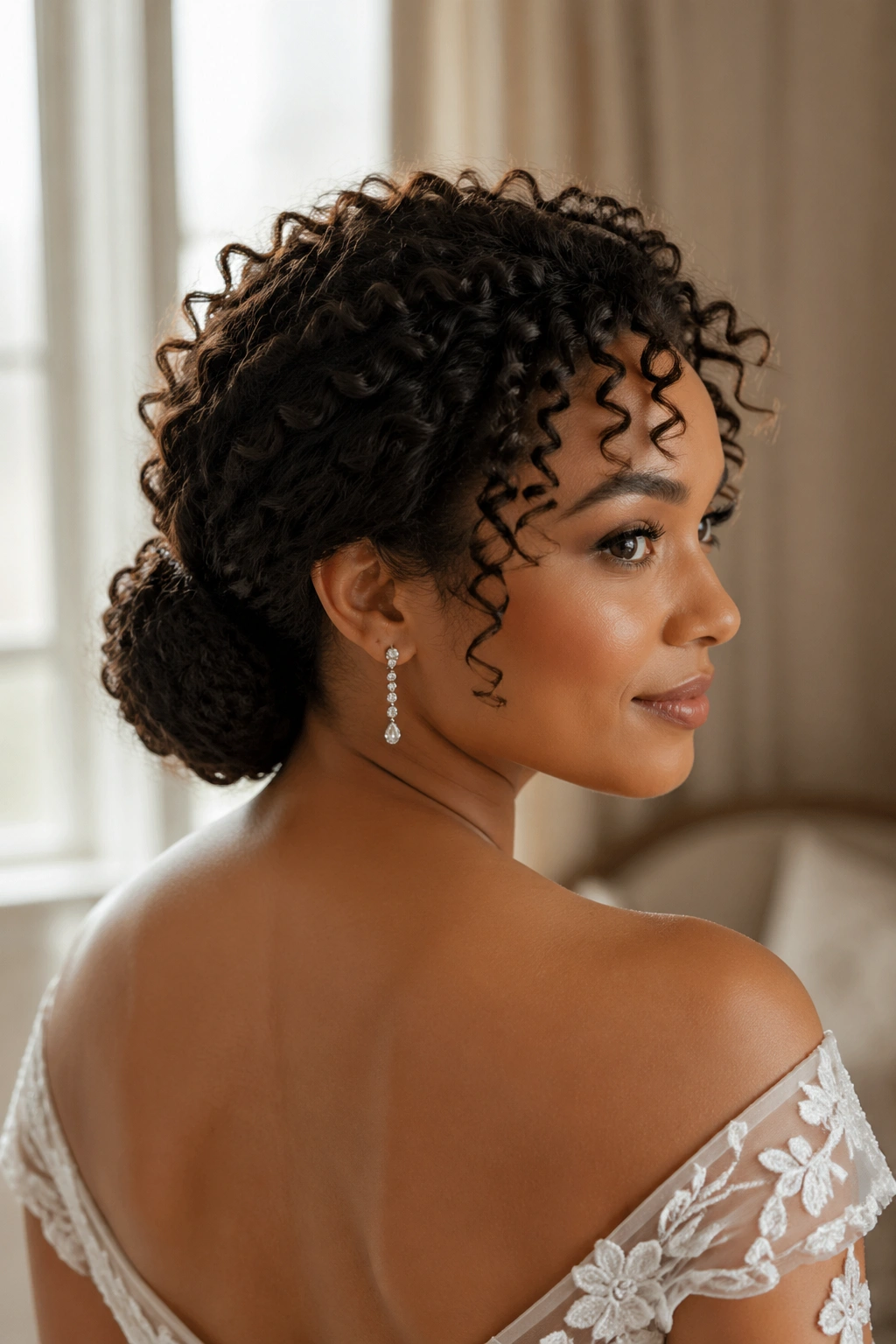 Close-up of a bride with a low chignon and curl burst at the crown