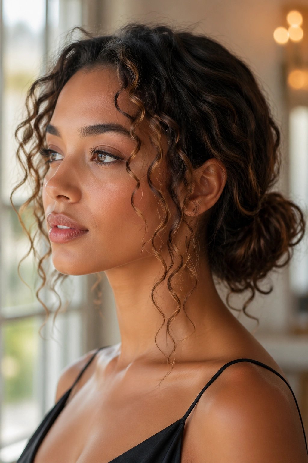 Close-up of a real woman with a low chignon and curly face-framing pieces.