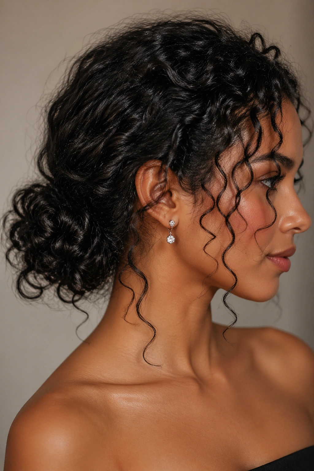 Low chignon with curly texture and face-framing tendrils.