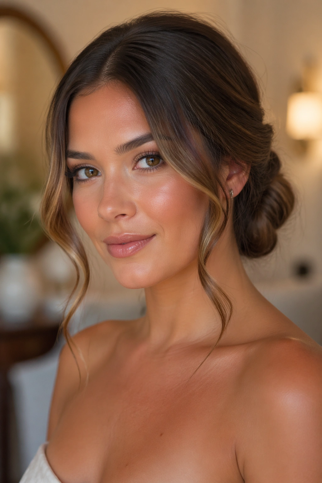 Close-up of a real woman with a low chignon and face-framing waves