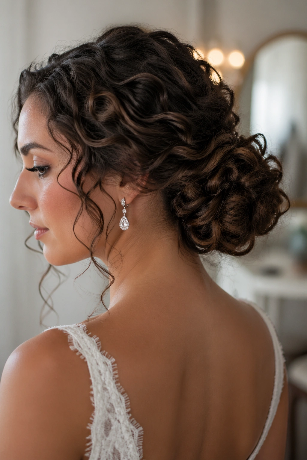 Close-up of a bride with a low curly chignon at the nape and soft tendrils