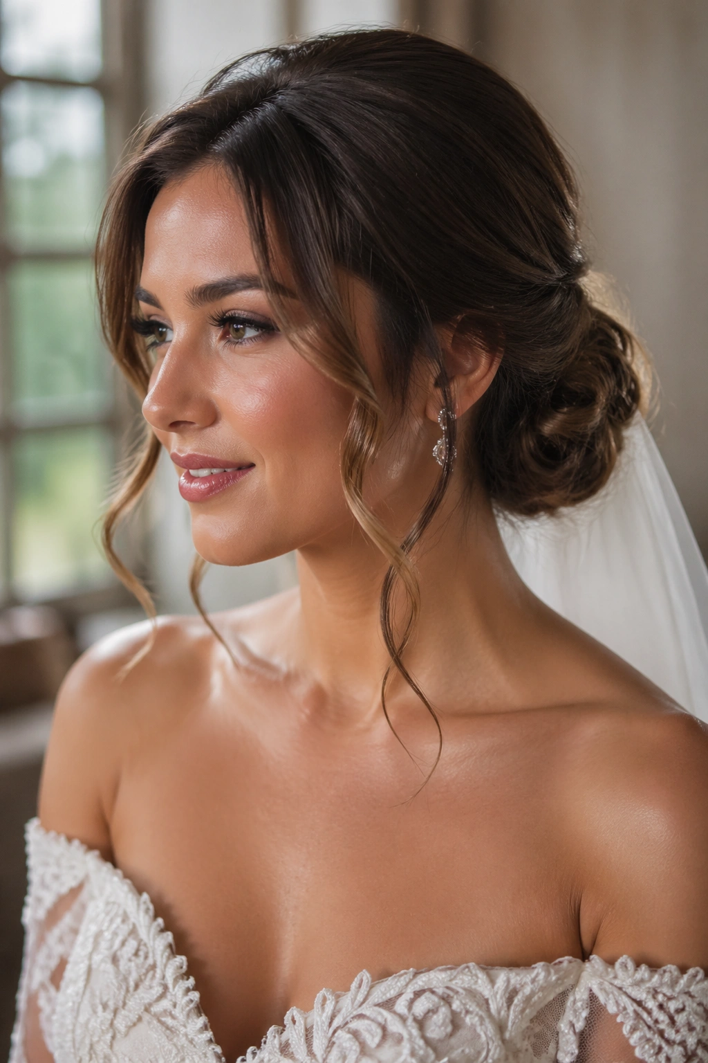 Close-up of bride with low chignon and loose tendrils around temples.
