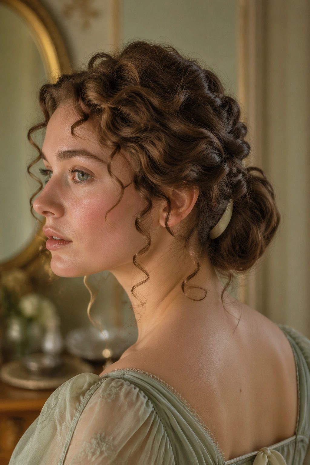 Portrait of a woman with a low chignon and escaped tendrils framing the face