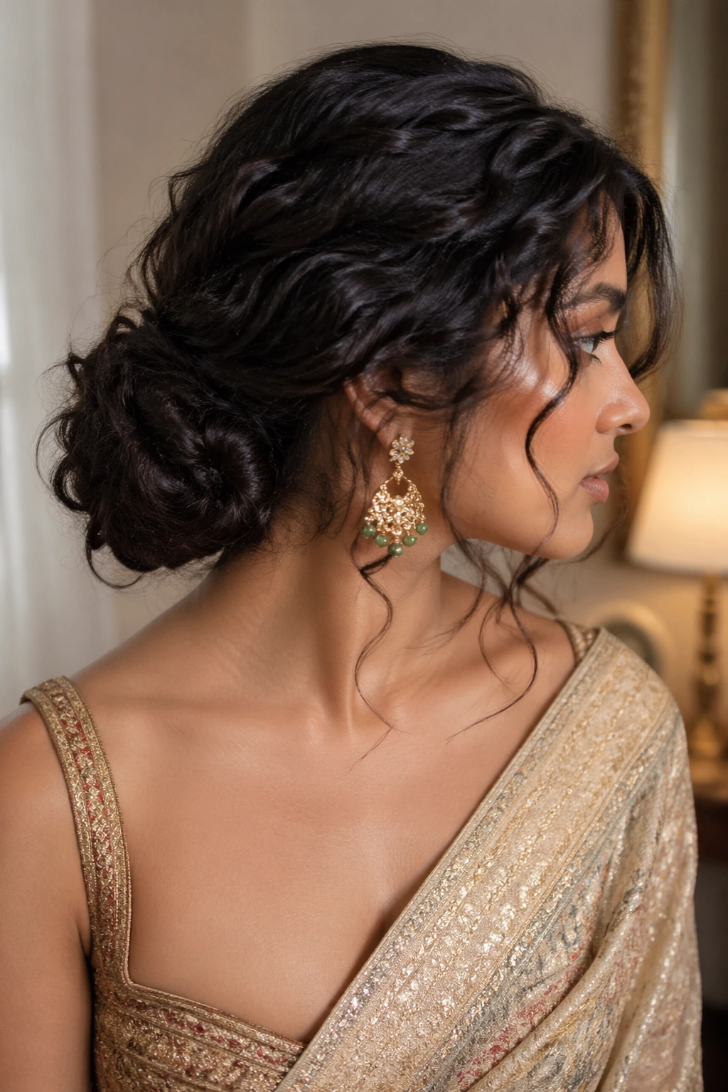 Real woman side-profile with textured low chignon at the nape