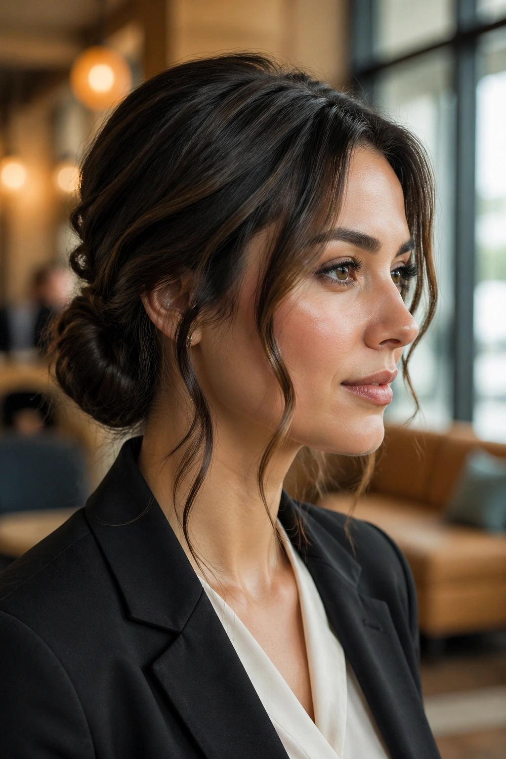 Close-up of a real woman with a low chignon and loose waves