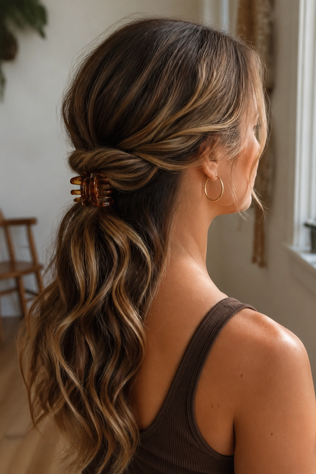 Portrait of a real woman with a low twist and claw clip at the nape, waves flowing