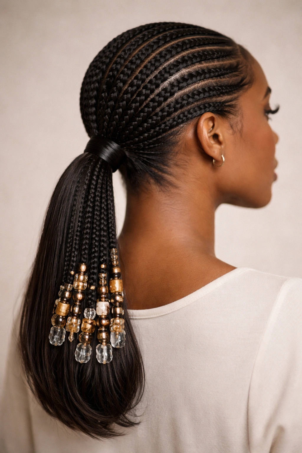 Close-up of a low cornrow ponytail with beaded ends on a sleek base