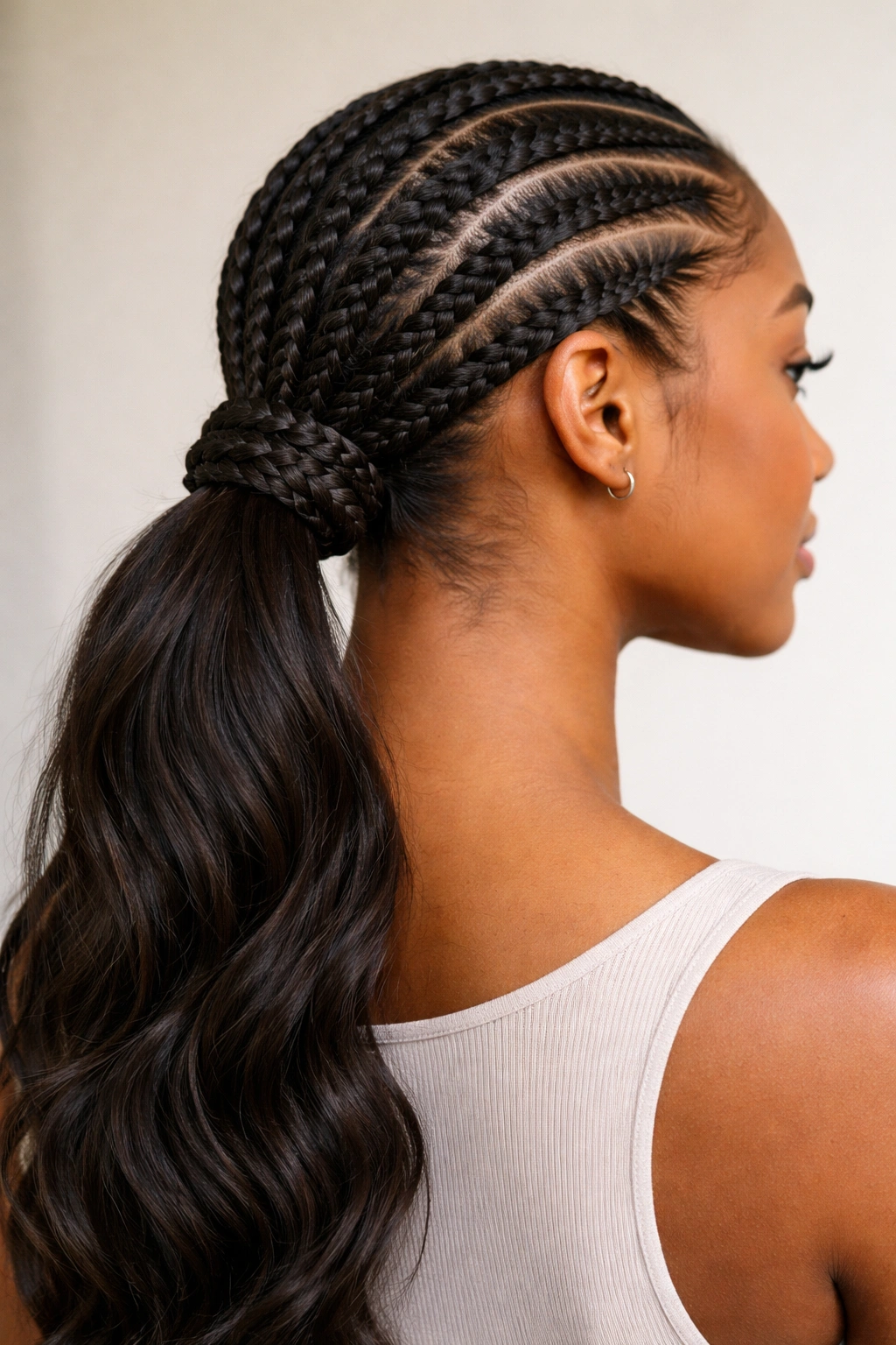 Low cornrow ponytail with a braided bun wrap around the base