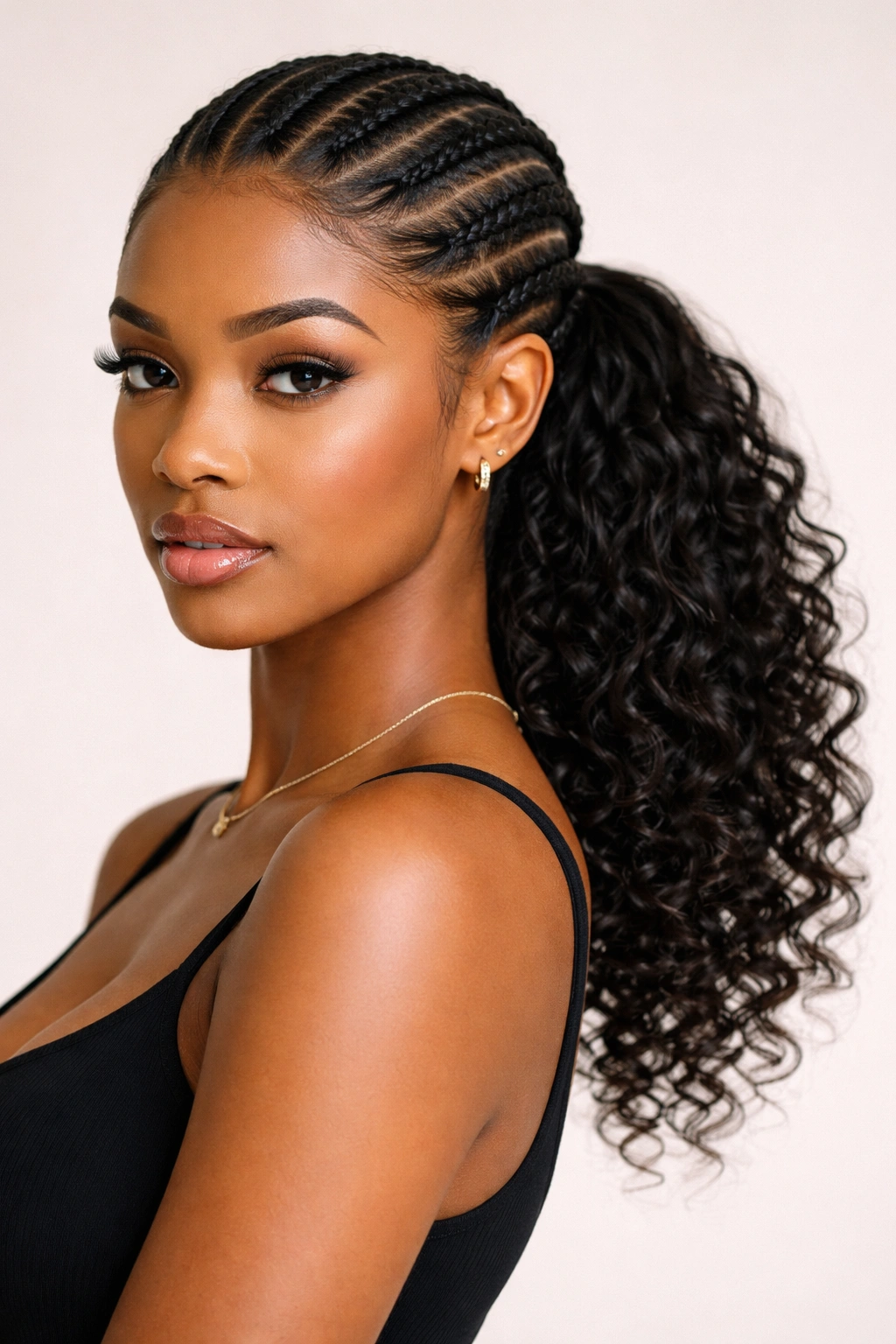 Low cornrow ponytail with curly ends and curly tail texture