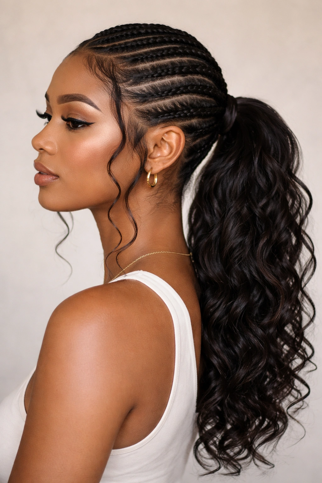 Low cornrow ponytail with goddess curls woven among braids